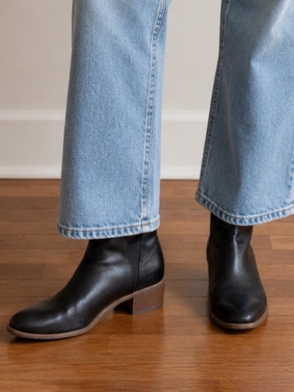 Black Leather Ankle Booties with Low Block Heel